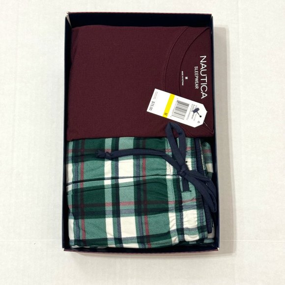Nautica NWB Sz M Men's PJ Set Maroon/Green Multi Crew Neck Cozy Pants - Picture 2 of 12